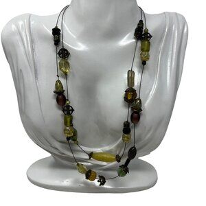 Chicos Necklace Boho Green and Brown Beads Gold Tone Accents‎